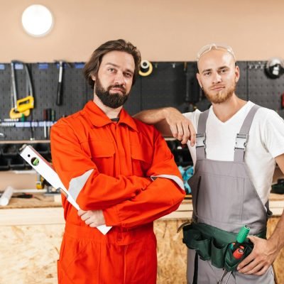 Two builders in work clothes thoughtfully looking in camera spen